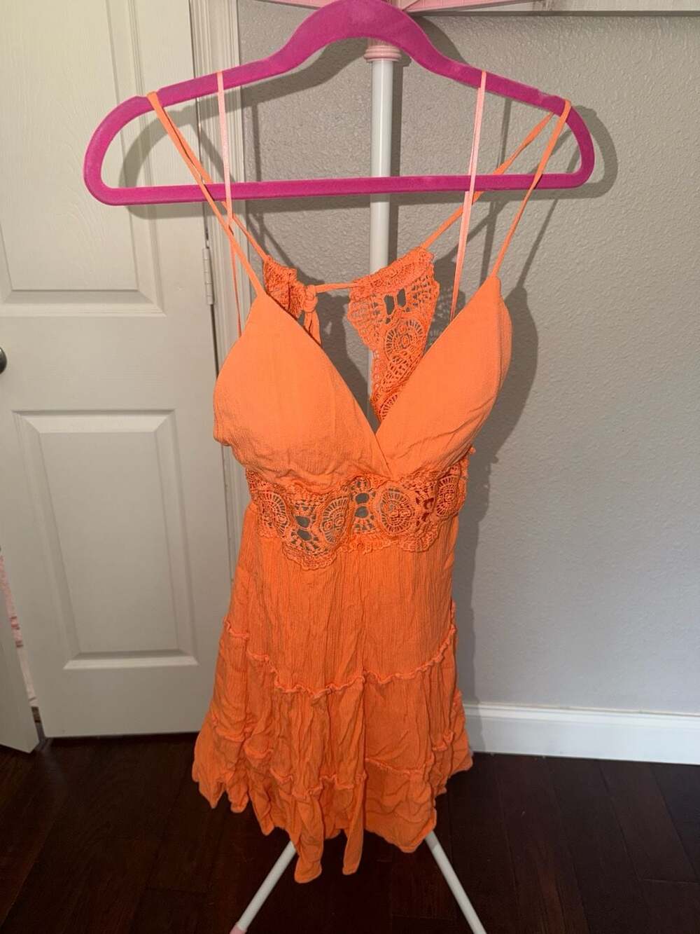 Iris Orange Sleeveless Lace-Trim Tiered Mini Dress